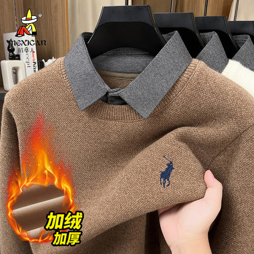 稻草人假两件针织衫男士冬季加绒加厚衬衫领毛衣男高端打底上衣潮