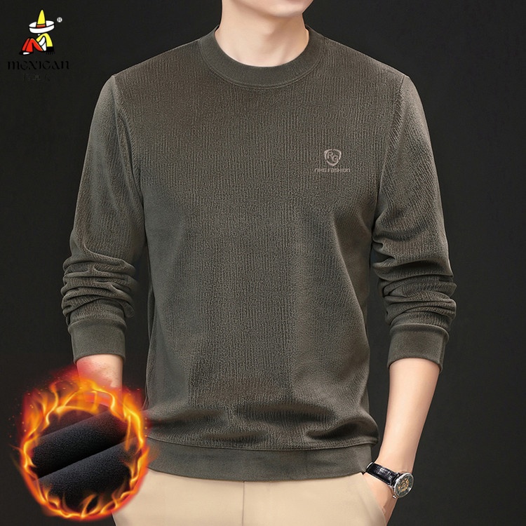 稻草人加绒加厚男士圆领卫衣秋冬季休闲亲肤保暖上衣男款打底衫