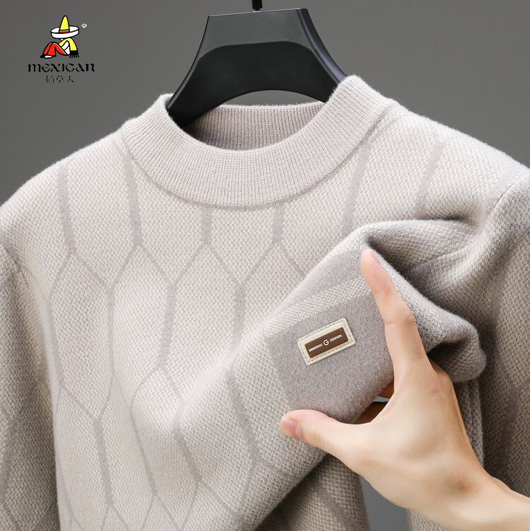 稻草人冬季男士圆领毛衣保暖一体绒纯色卫衣针织衫加绒加厚上衣男