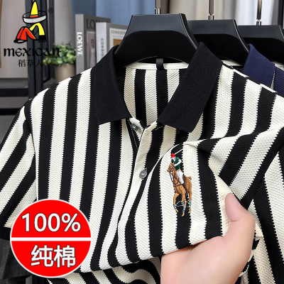 稻草人100%纯棉中年男士POLO衫夏装条纹翻领短袖T恤宽松潮流上衣