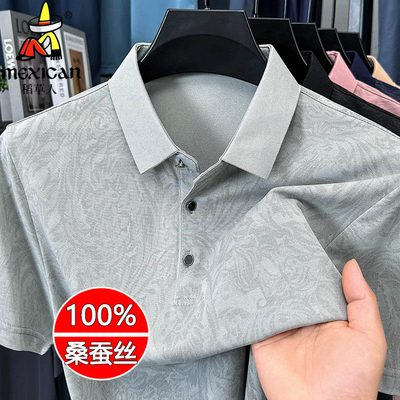 稻草人中青年冰丝短袖t恤男翻领夏季桑蚕丝爸爸男士半袖POLO衫潮