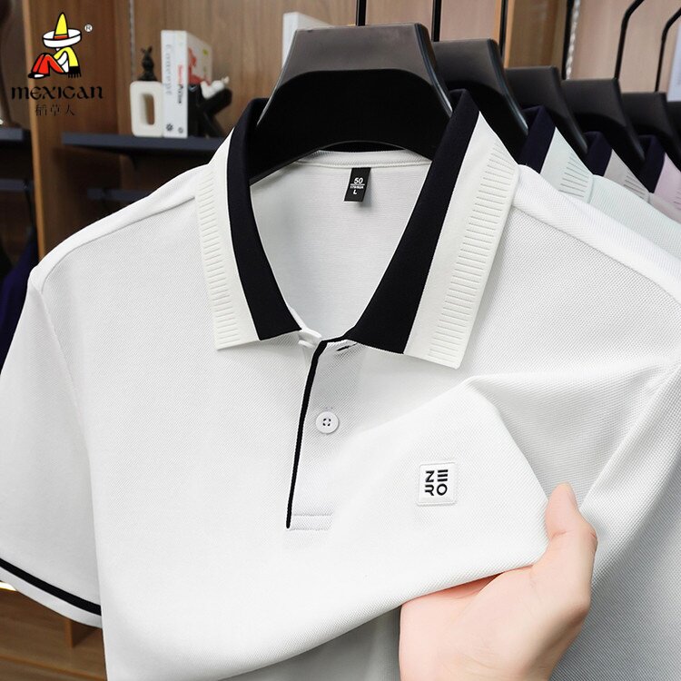 稻草人男士翻领短袖POLO衫夏季新款冰丝T恤上衣免烫处理冰感纤维