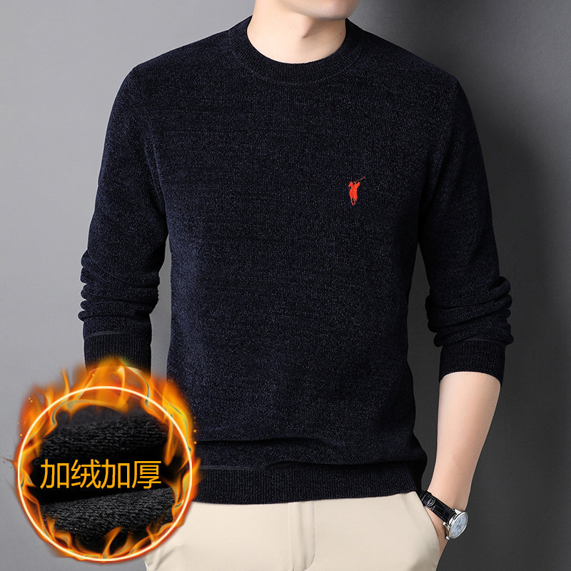 2025男士雪尼尔毛衣加绒加厚圆领打底针织衫冬季保暖套头中年毛衫