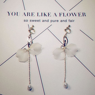 韩版 流苏气质女神舞蹈有耳洞耳针无耳孔耳夹 芭蕾裙摆合金珍珠长款