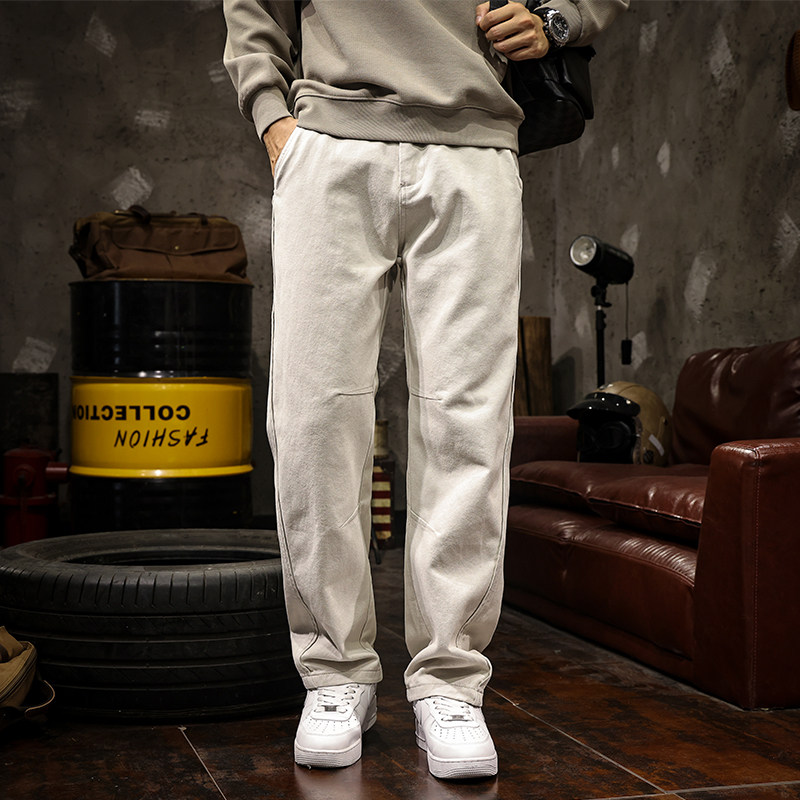 美式纯棉浅灰色阔腿工装裤子男春秋季2026新款潮牌宽松直筒休闲裤