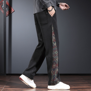 潮牌休闲裤男宽松直筒阔腿卫裤秋冬款迷彩拼接痞帅炸街加绒长裤子