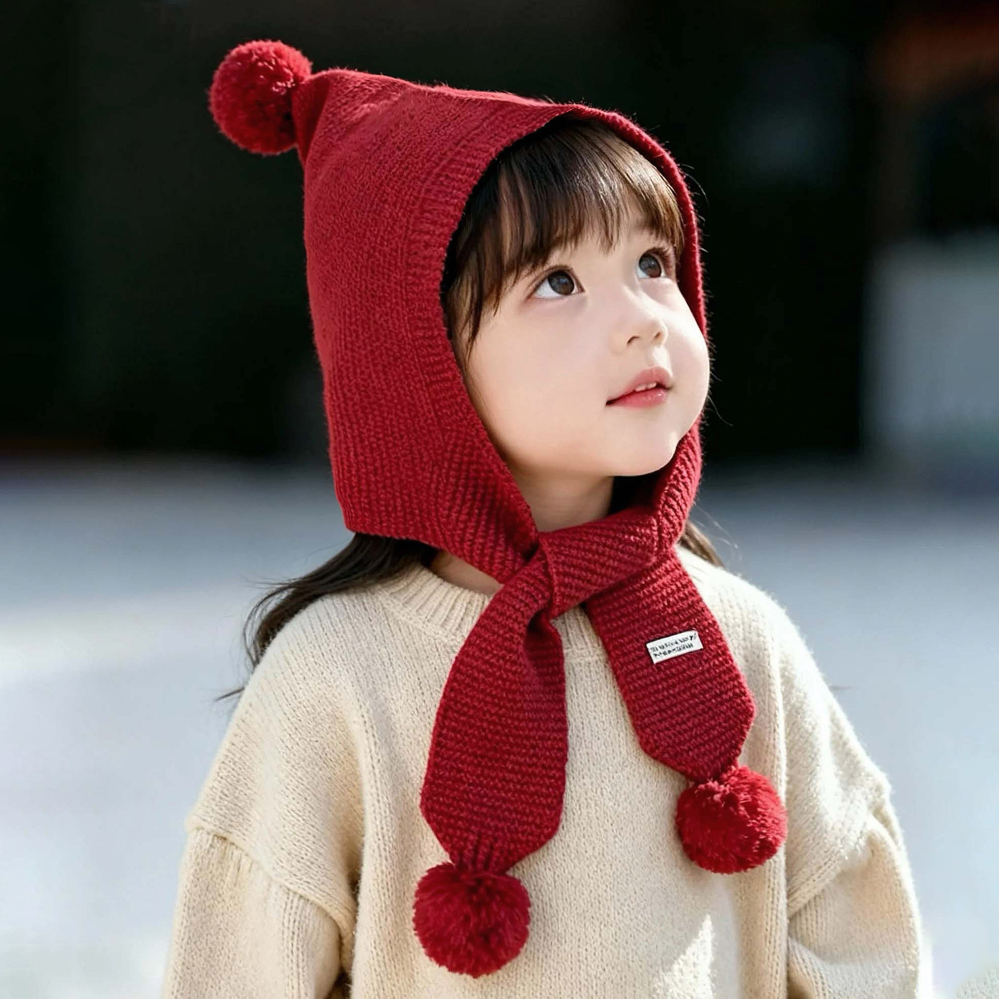 儿童针织护耳帽子围巾一体冬季毛线帽女孩百搭洋气红色新年圣诞帽