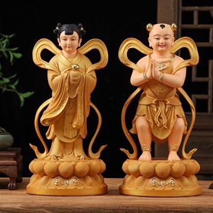 家用金童玉女佛像善财童子龙女招财摆件童男童女树脂观音左右神像