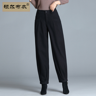 2025秋冬新款高腰哈伦裤女显瘦大码羊毛呢黑色女裤休闲小脚萝卜裤