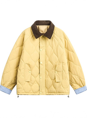 CATTEE学院风复古拼接翻领菱格棉服男女冬季加厚保暖短款棉衣外套