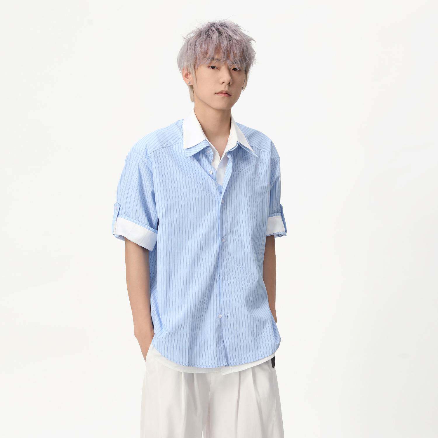 夏季男假两件条纹宽松短袖衬衫