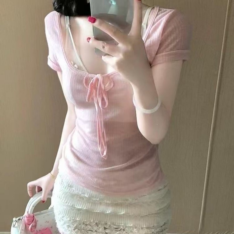 夏季纯欲粉色绑带蕾丝套装显瘦