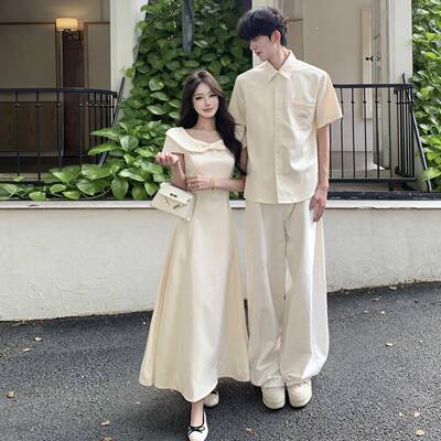 情侣装高级感一衣一裙娃娃领蝴蝶结洋装女夏季a字显瘦收腰长裙