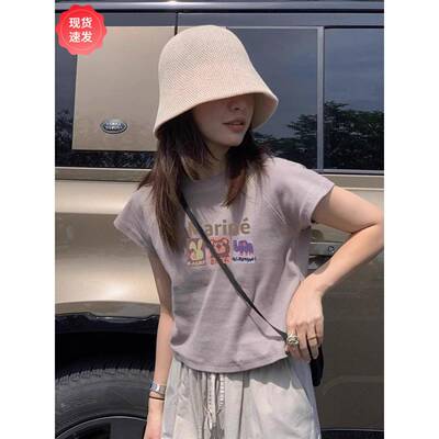 港味正肩印花短袖t恤夏季新款洋气百搭辣妹短款设计感小飞袖上衣