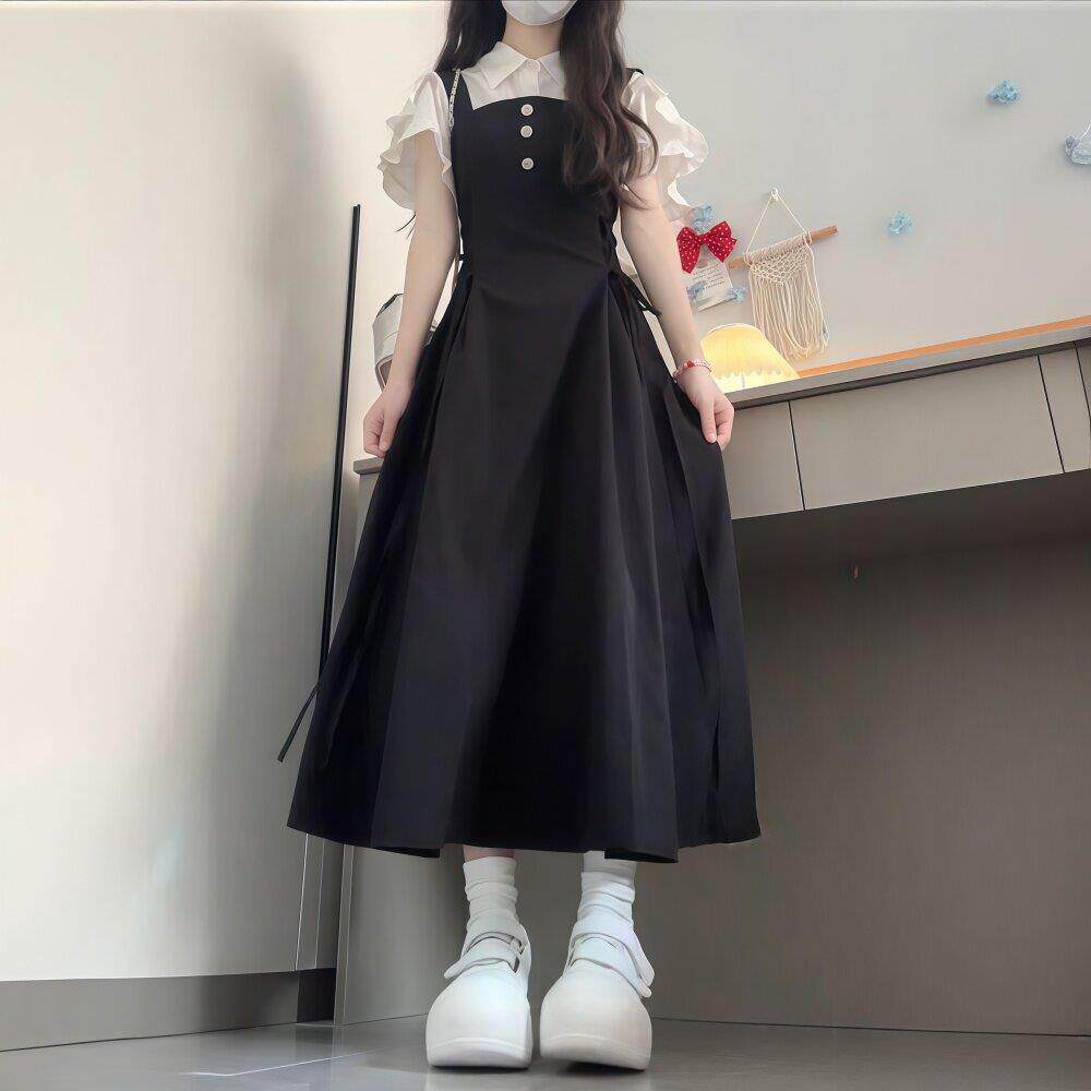 学院风洋装子女夏季衬衫抱婴袋裙小个子两件式套装收腰显瘦A字长