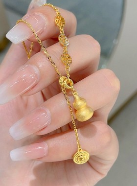 葫芦黄金色项链福禄套链古法磨砂吉祥如意吊坠精致小巧礼物送礼物