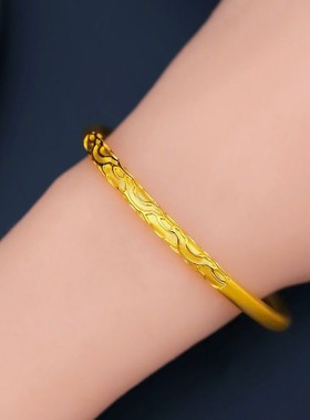 5D矿金越南沙金祥云手镯女款黄金色古法圆棍手环磨砂细款手镯