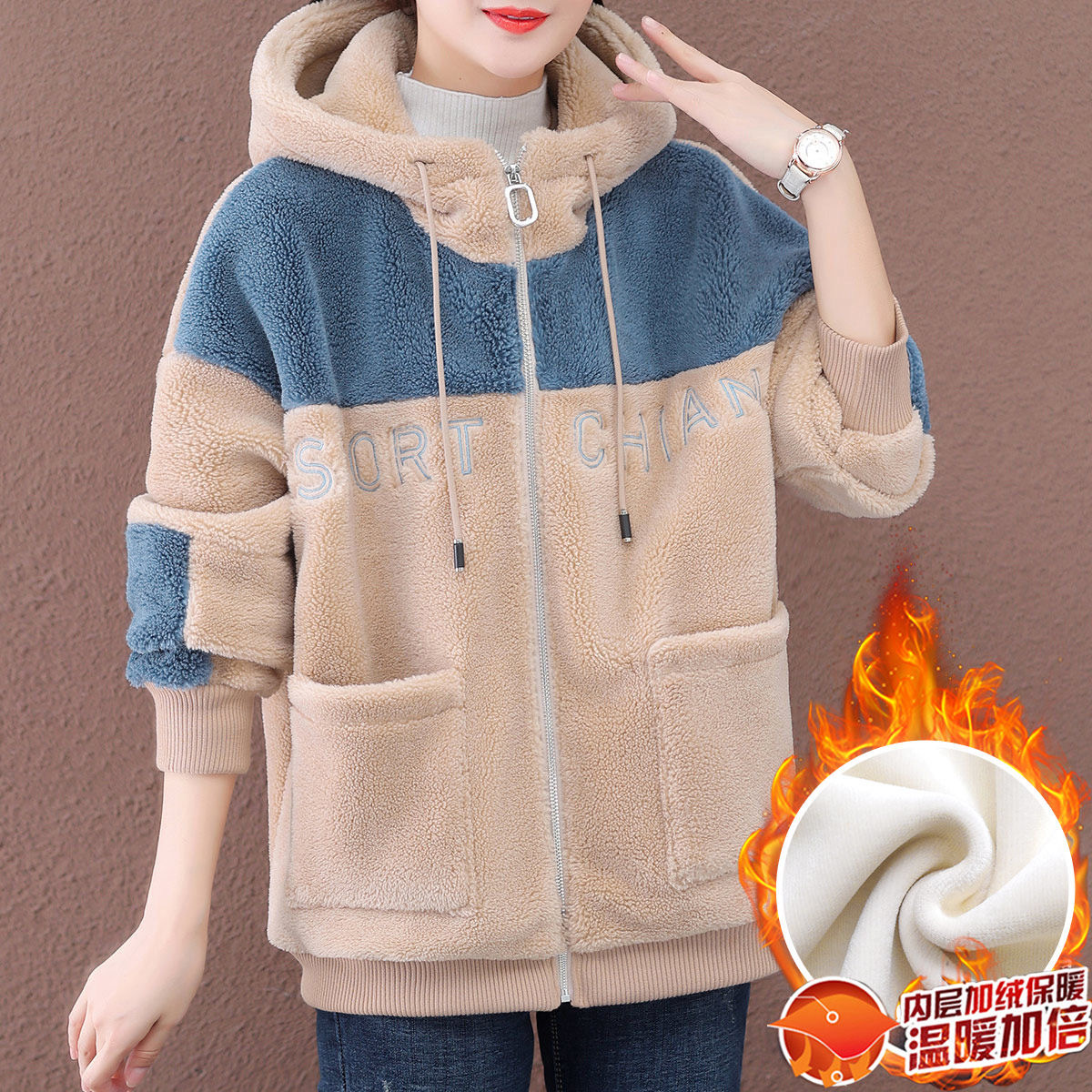 羊羔毛外套女秋冬爆款欧货夹棉摇粒绒厚卫衣漂亮加绒女士棉衣棉服