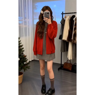 parkyeon秋冬新款软糯舒适长袖针织衫毛衣内搭格纹连衣裙套装女