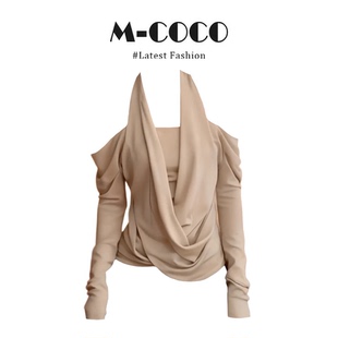 parkyeon法式纯欲风杏色假两件挂脖长袖一字肩上衣微喇裤两件套