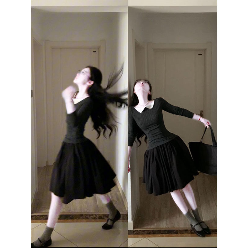 秋季新款撞色假两件长袖针织衫女搭高腰时尚半身裙套装,女装/女士精品,时尚套装,淘宝优惠券,粉丝福利购,淘宝优惠卷