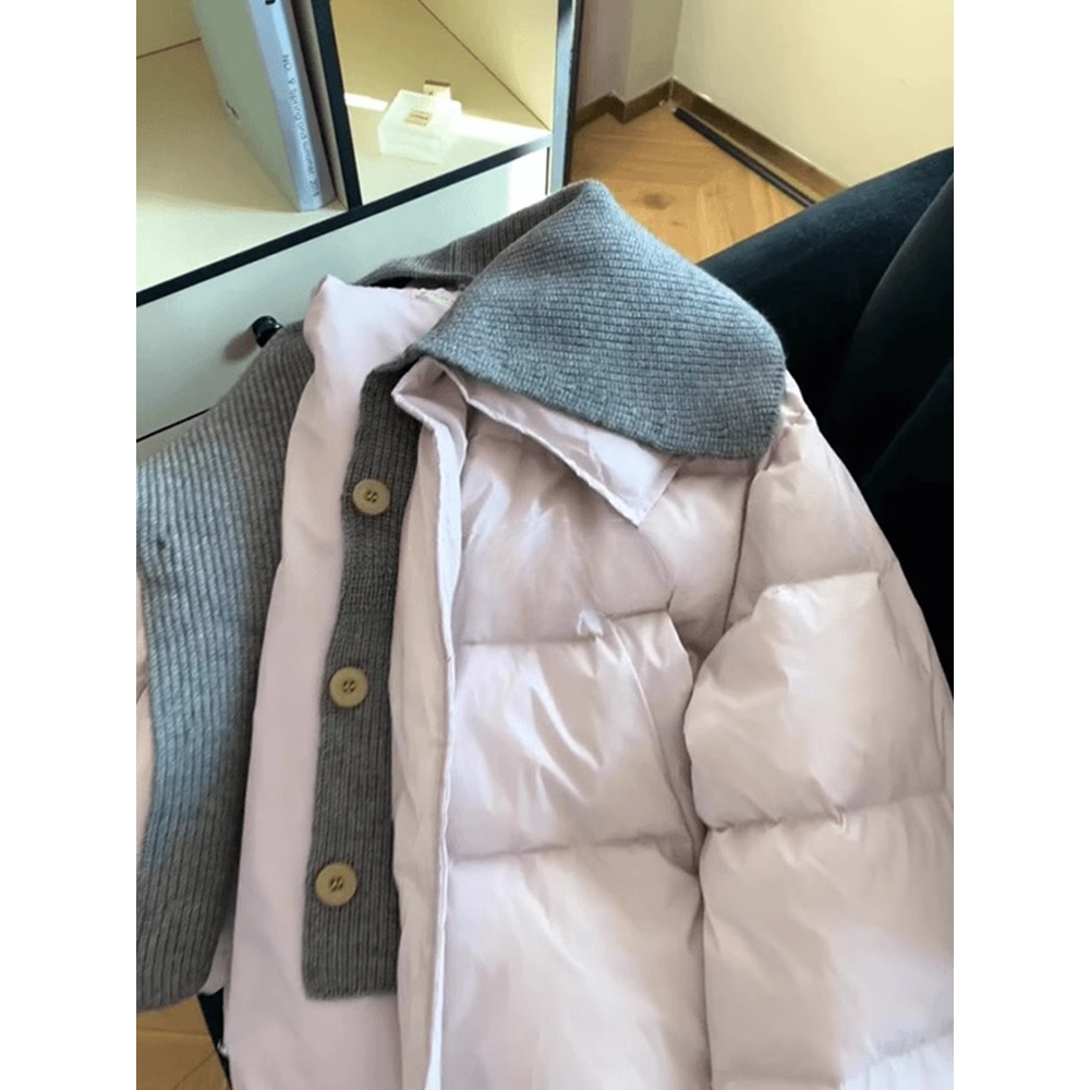 实价现货淡紫色假两件拼接宽松棉服女秋冬独特好看夹棉短外套棉袄