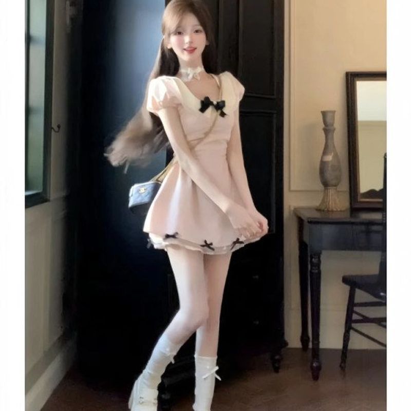热恋千金风短裙夏季收腰显瘦设计感纯欲甜美蝴蝶结气质连衣裙女图片