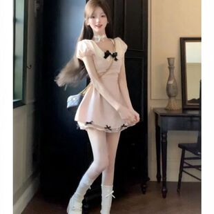 热恋千金风短裙夏季收腰显瘦设计感纯欲甜美蝴蝶结气质连衣裙女