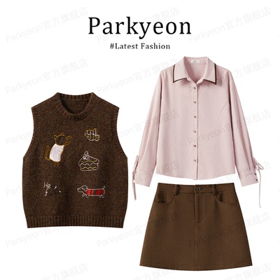 MARIE.COCO甜美卡通刺绣咖色针织马甲冬季新款坎肩背心裙子三件套