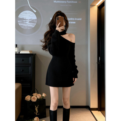 parkyeon纯欲风性感斜肩针织连衣裙女小个子修身显瘦长袖短裙子