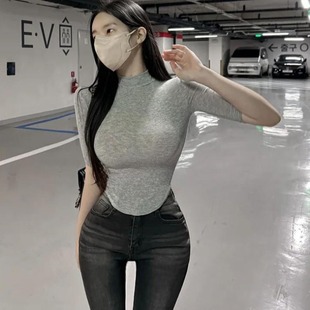 微透显身材半高领紧身五分袖 韩国东大门夏季 薄款 气质修身 T恤 新款