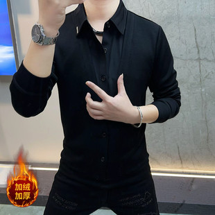 休闲翻领长袖 轻奢假两件套头加绒衬衫 新款 秋冬季 保暖卫衣黑色 男士