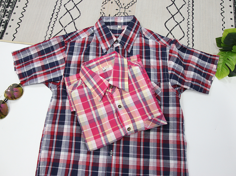 尖领短袖美式休闲格子衬衫