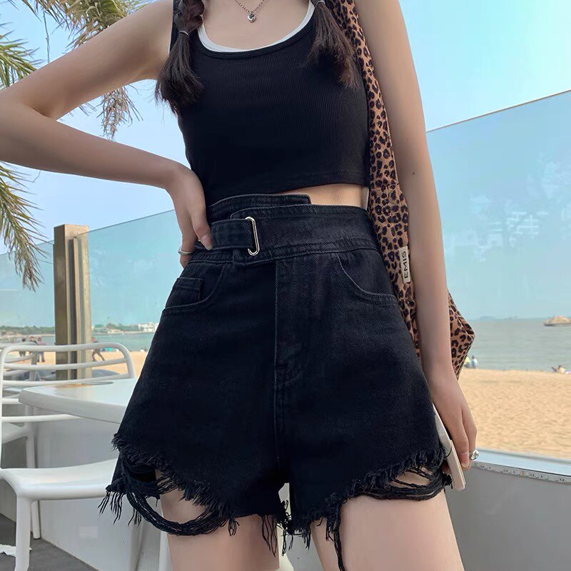 高腰牛仔短裤女夏2025新款韩版不规则宽松显瘦百搭毛边黑色热裤潮