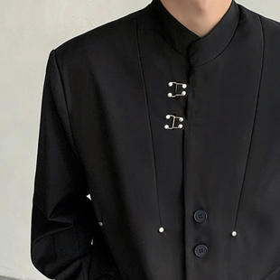 秋季改良中式男士垫肩中山装金属卡扣西装上衣男立领国风西服套装