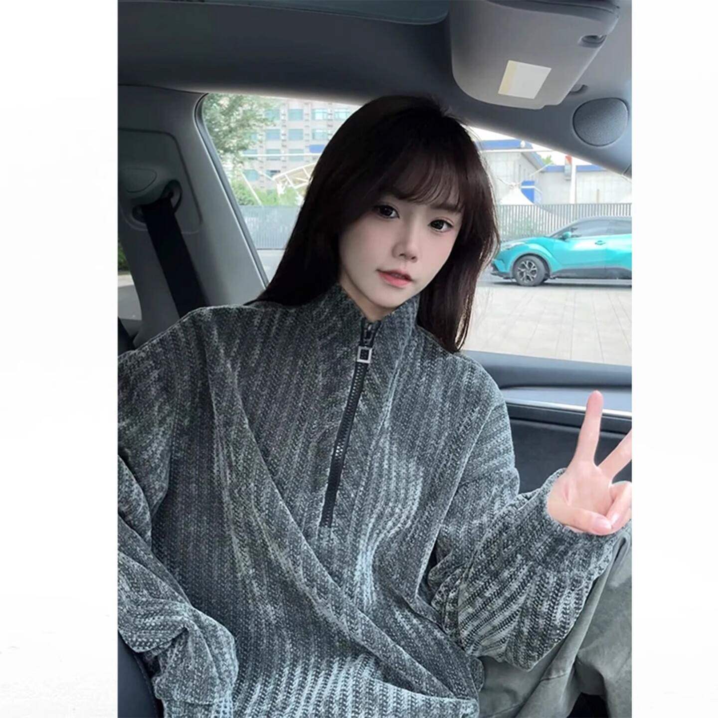 雪尼尔半拉链立领卫衣男加绒美式复古鱼骨纹重磅外套冬季套头上衣