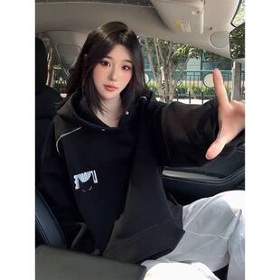 黑色恶魔猫咪印花连帽卫衣男款秋季美式重磅正肩上衣松弛感打底衫