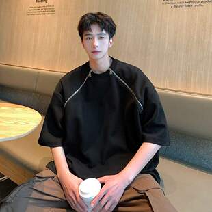 七分袖 双拉链小领口恤男款 复古大码 设计感小众美式 T恤B13 重磅短袖