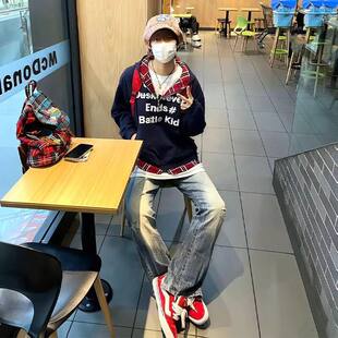 格子拼接开衫卫衣男女美式高街连帽衫春秋假两件外套常规休闲加厚