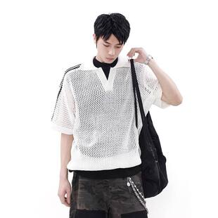 夏季破洞透气短袖毛衣男美式复古运动休闲条纹翻领宽松衫T恤纯色