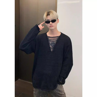 美式镂空深V设计长袖针织衫潮男秋季高级感痞帅T恤慵懒风男模上衣