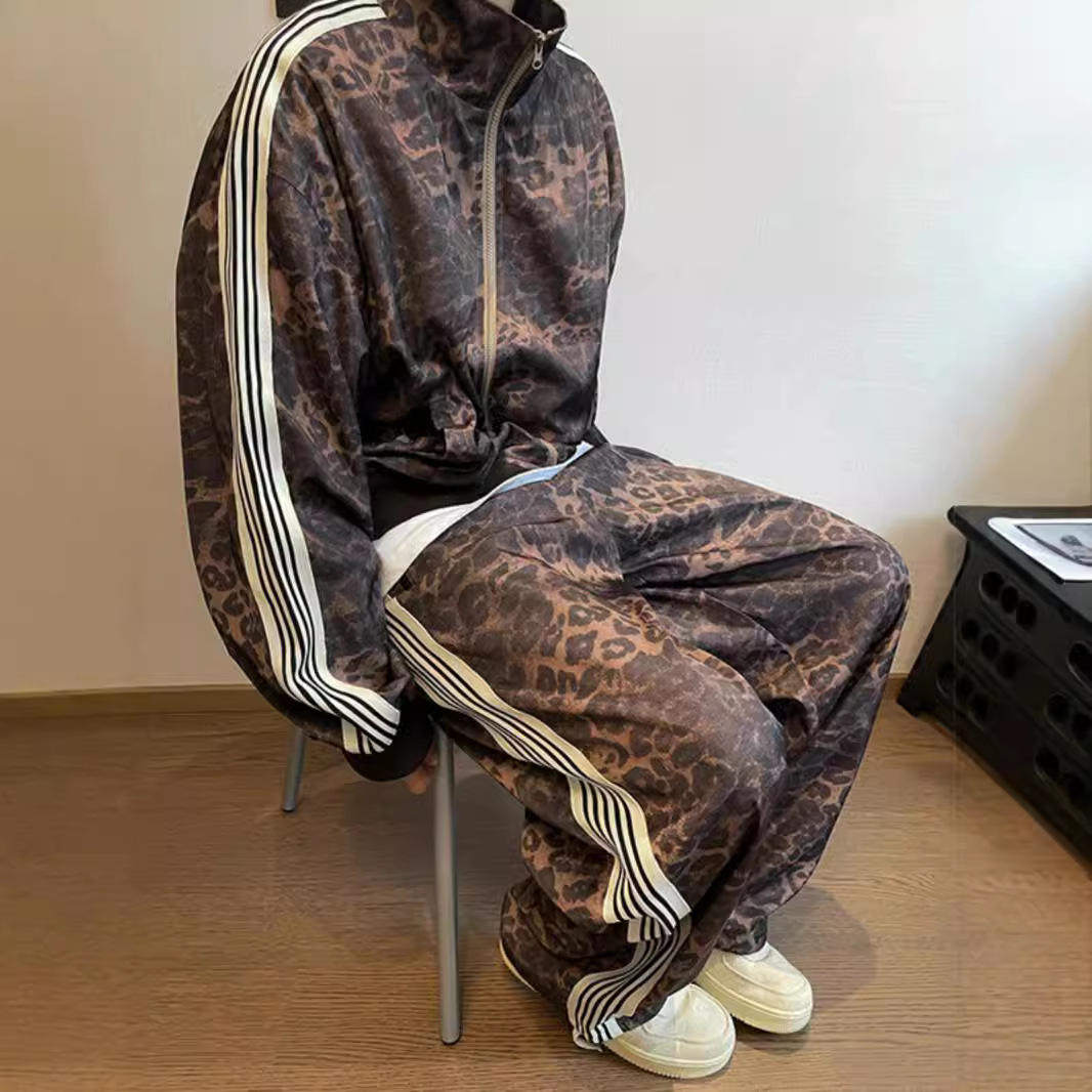 美拉德复古穿搭外套男古着侧边条纹设计豹纹休闲套装XZ-402+8802