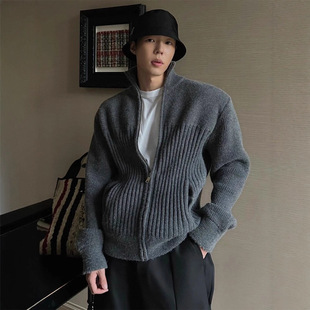 美式复古双拉链立领开衫毛衣男冬季cleanfit慵懒软糯针织衫外套
