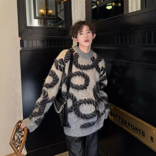 提花拉毛毛衣男美式复古慵懒风针织衫重磅绳索设计感小众情侣外套