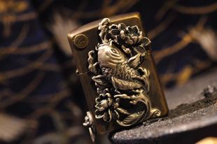 中国风锦鲤鱼锦上添花抖音煤油打火机纯银纯铜手工狮子重盔网红