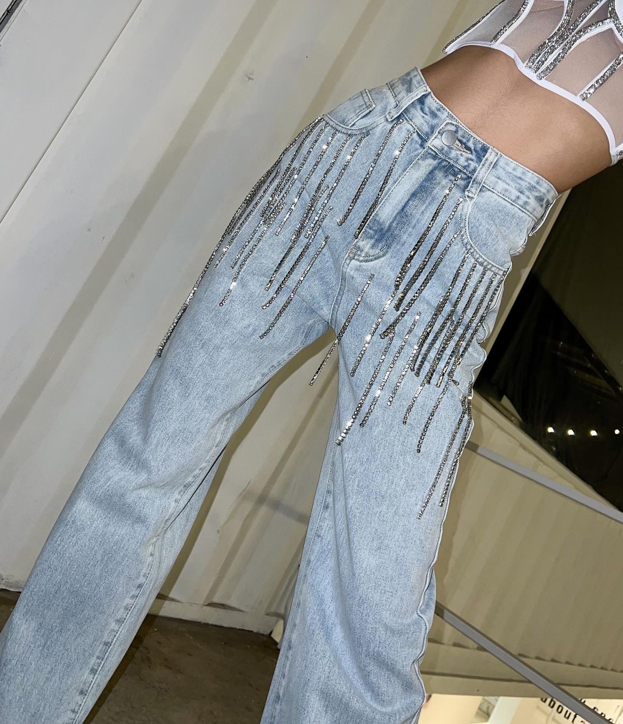 水钻流苏链条长裤阔腿显瘦牛仔裤