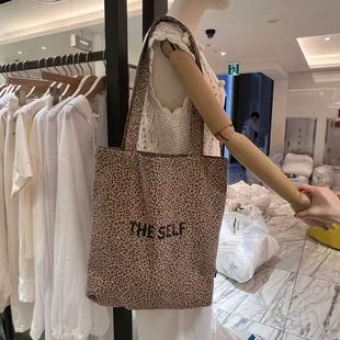韩国ins风豹纹帆布包时尚百搭休闲单肩包大容量通勤女包印字布包