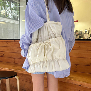 东大门夏季百搭新款ins风褶皱包时尚休闲单肩包大容量抽绳托特包