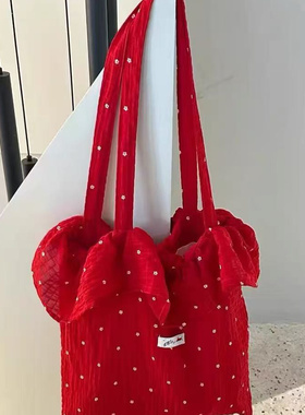 韩版ins风慵懒风波点红色荷叶边雪纺布包女布包甜美大容量托特包
