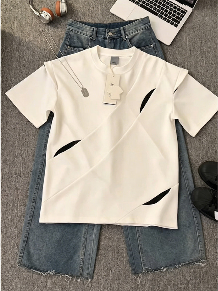 Kişi oversize qısaqol yay T-şörtü kəsmə detallı
